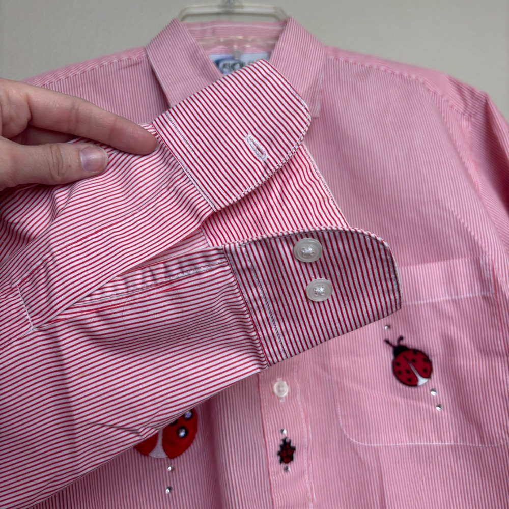 Las Olas Ladybug Embroidered Shirt Womens Small Red Pinstripe Rhinestone Vintage - Picture 11 of 15